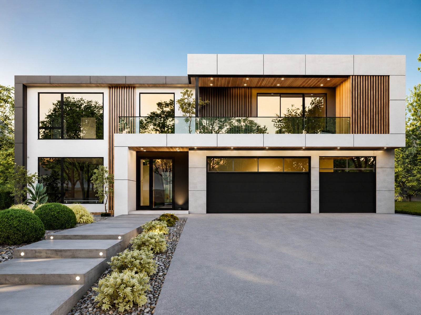 Contemporary two-storey luxury home at dusk with wood-slat detailing, a glass balcony rail and a lit entry