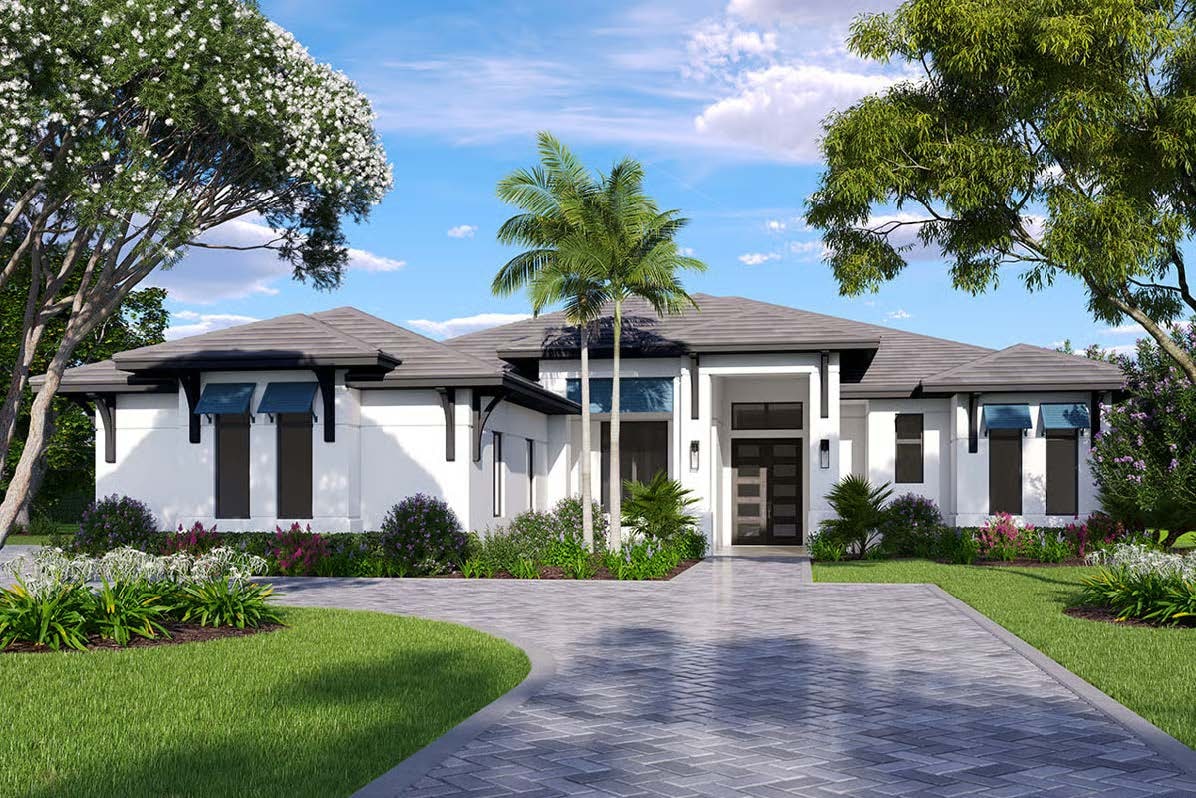 The Aurelia — single-story estate with light stucco walls, a dark low-pitch roofline, a covered pivot-door entry and mature flowering landscaping