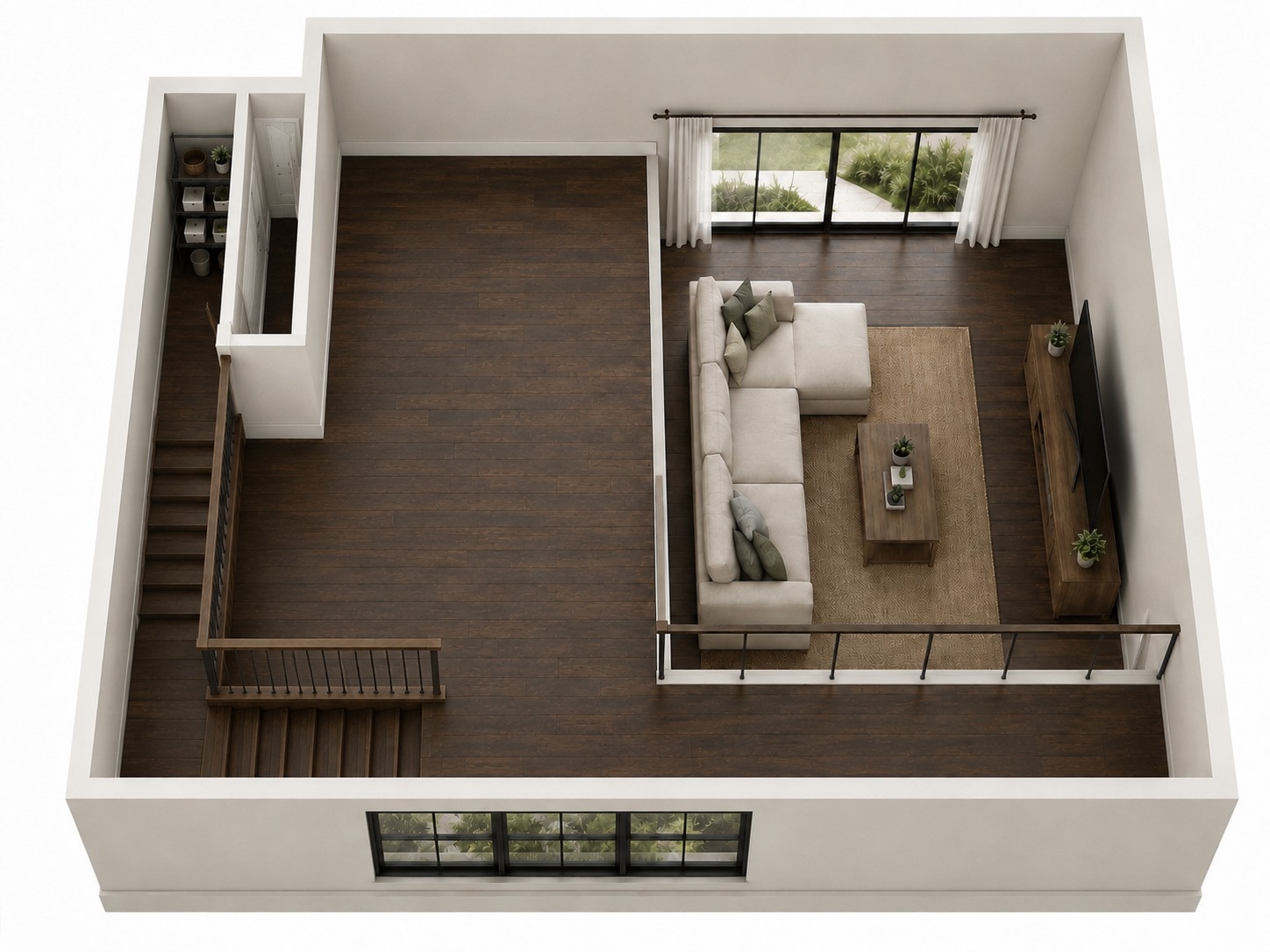 The Monaco bonus room 3D rendering — furnished upper-level sitting area with a stair landing and a railing overlooking the living room below