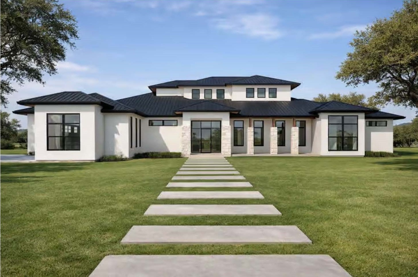 The Monaco — symmetrical front elevation with a stepping-stone walk leading to the covered entry