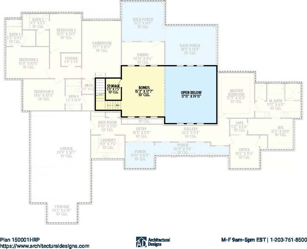 The Monaco second-floor plan — a 330 sq ft bonus room open to the living room below