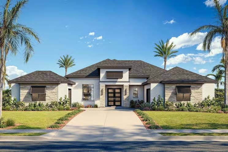 The Montclair — single-story estate with light stucco and stone accent siding, a dark roofline, dark double-door entry and palm-lined driveway