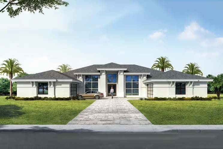 The Westmont — single-story estate with light stucco walls, tall dark-framed windows, a wood-beamed covered entry and circular driveway