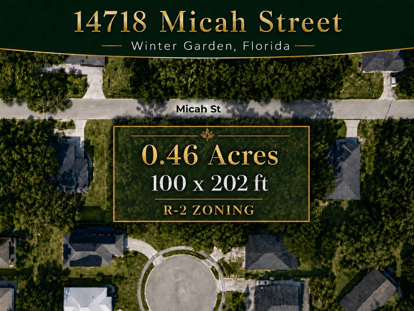 Aerial site map highlighting the 0.46-acre lot at 14718 Micah Street, Winter Garden, Florida