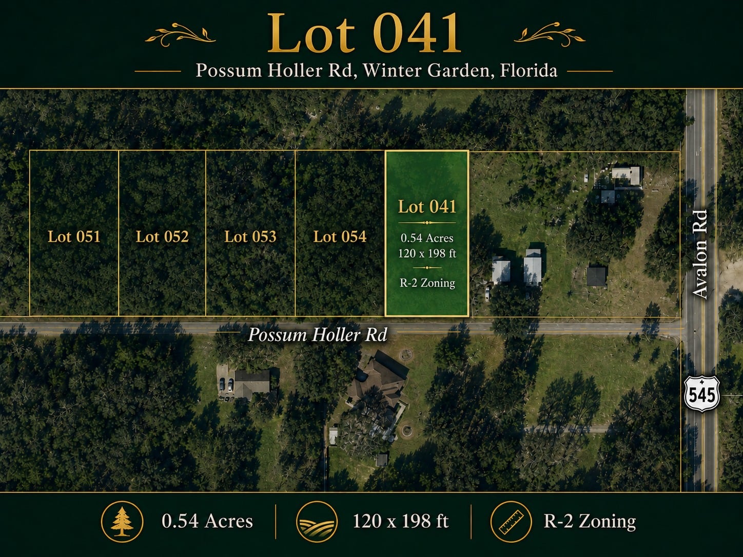 Aerial site map highlighting Lot 041 on Possum Holler Rd, Winter Garden, Florida