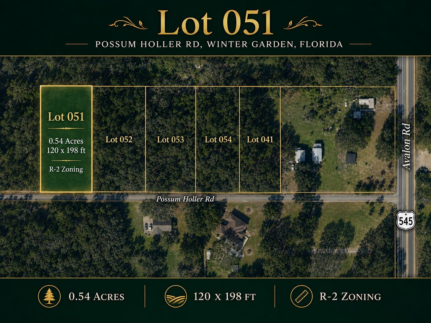 Aerial site map highlighting Lot 051 on Possum Holler Rd, Winter Garden, Florida