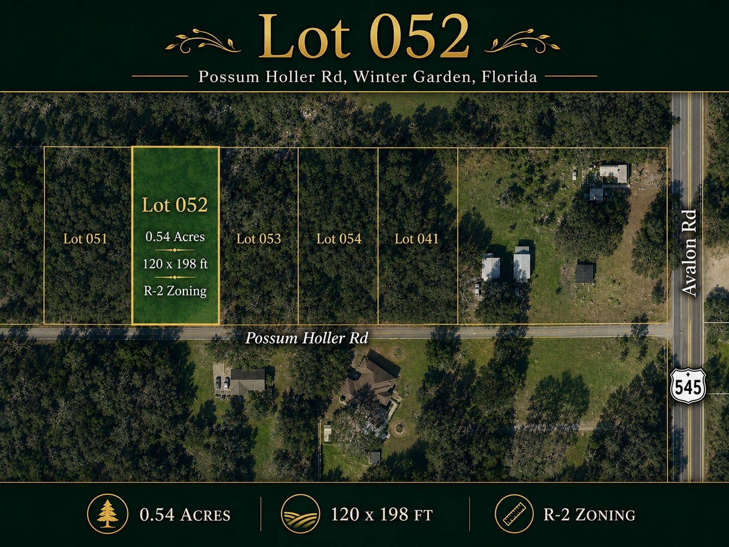 Aerial site map highlighting Lot 052 on Possum Holler Rd, Winter Garden, Florida