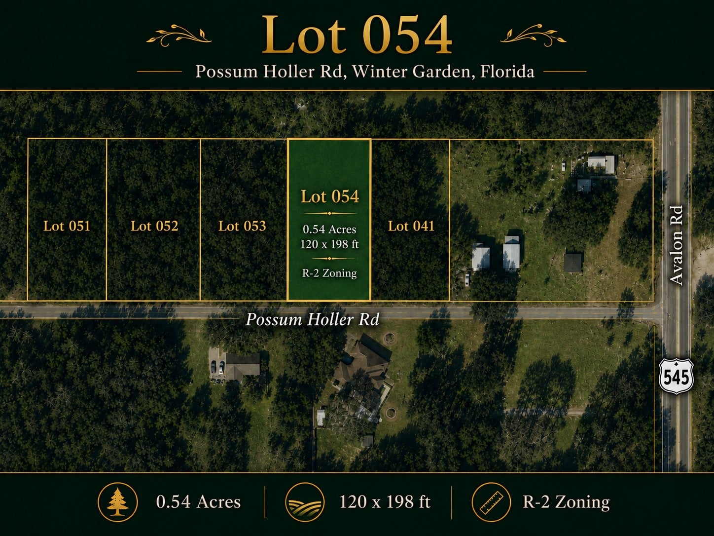 Aerial site map highlighting Lot 054 on Possum Holler Rd, Winter Garden, Florida