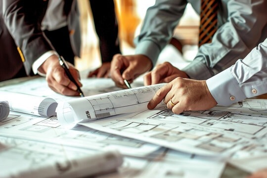 Photograph of a team reviewing architectural blueprints together — representing design, approvals, and preparation