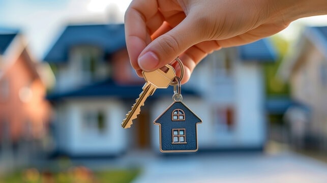 Photograph of a hand holding house-shaped keys in front of a home — representing project delivery and market launch