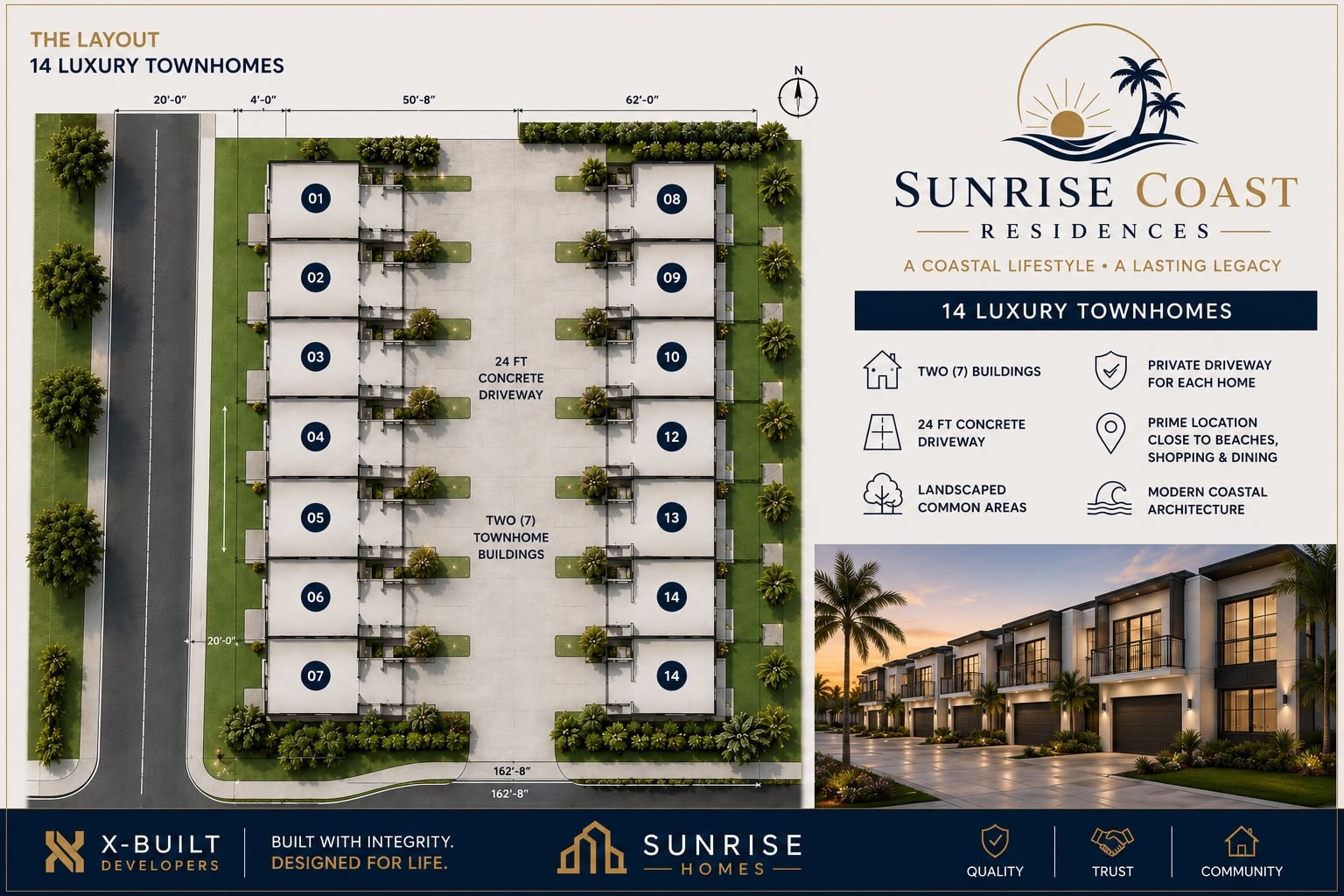 Sunrise Coast Residences flyer — 14-townhome site layout with dimensions and amenities