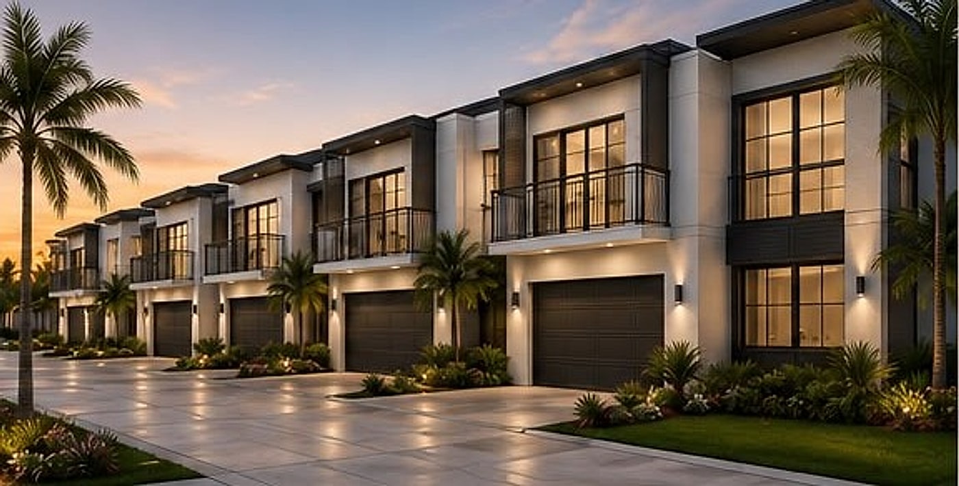 Sunrise Coast Residences townhomes at dusk, palm-lined entrance drive
