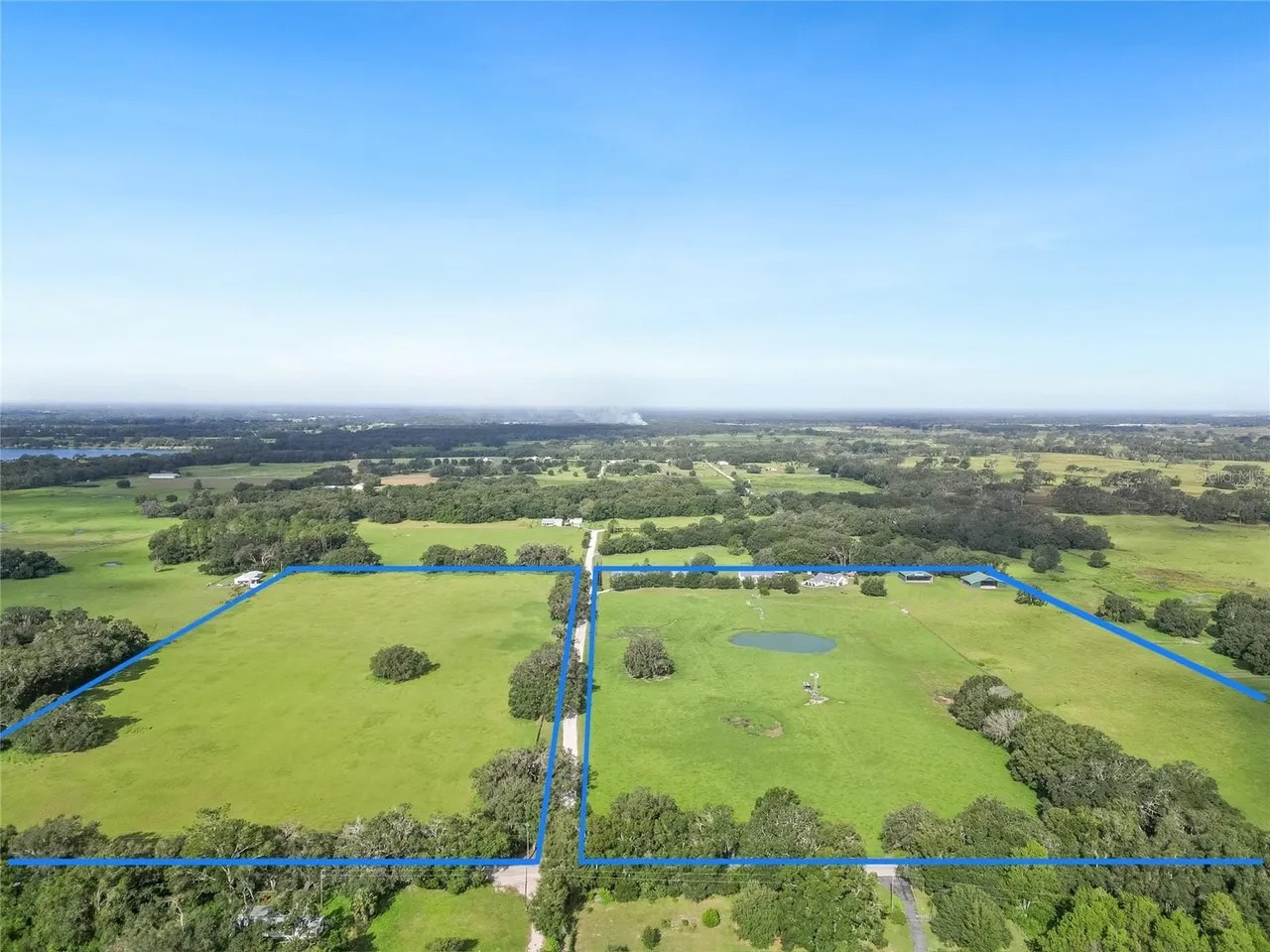 Aerial view of the Center Hill property with the parcel boundary lines marked