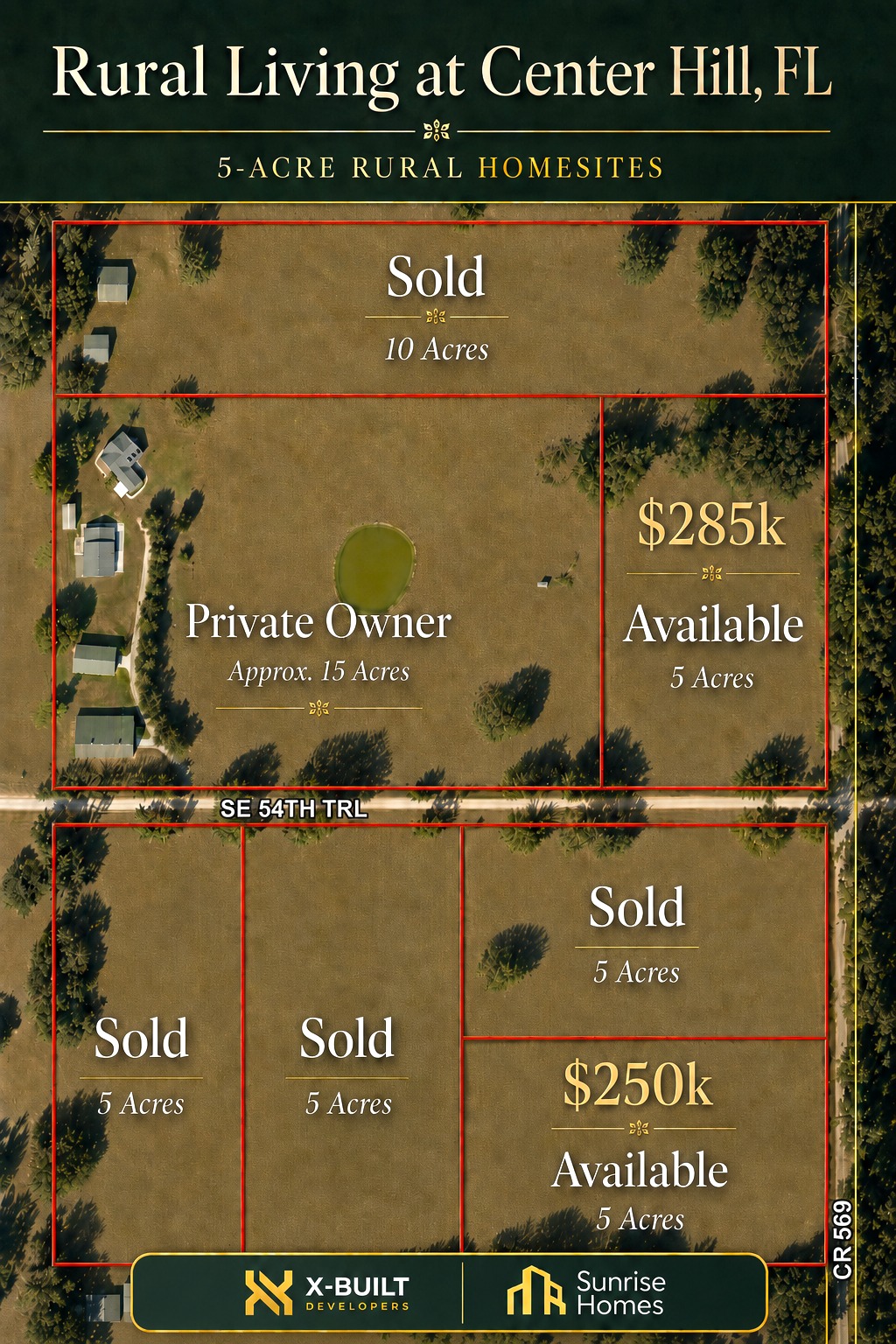 Rural Living at Center Hill, FL — official parcel flyer showing the 5-acre homesite layout with sold/available status and pricing