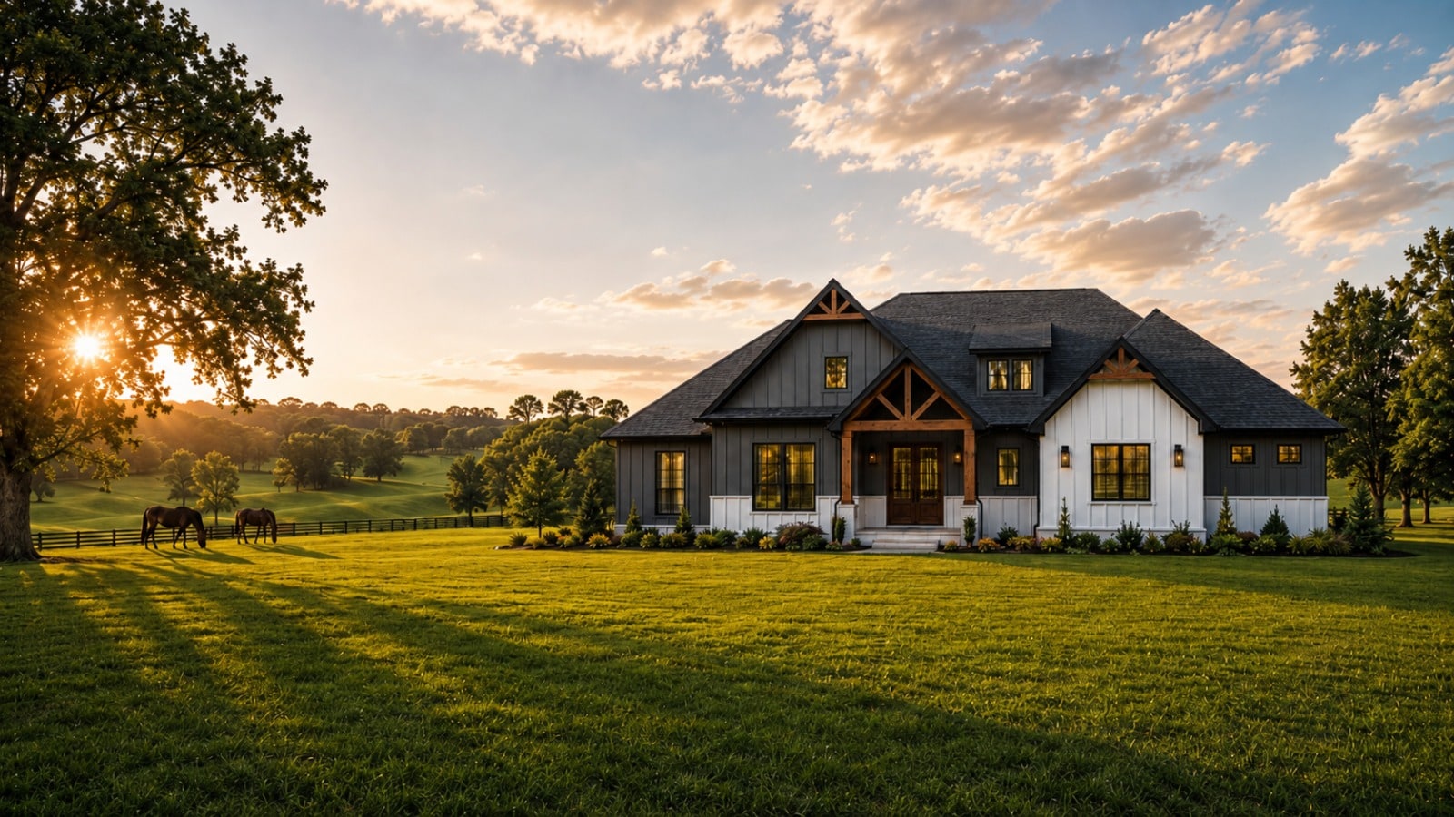 Illustrative modern farmhouse at sunset with horses grazing in an open field, representative of Farmhouse Living in Center Hill