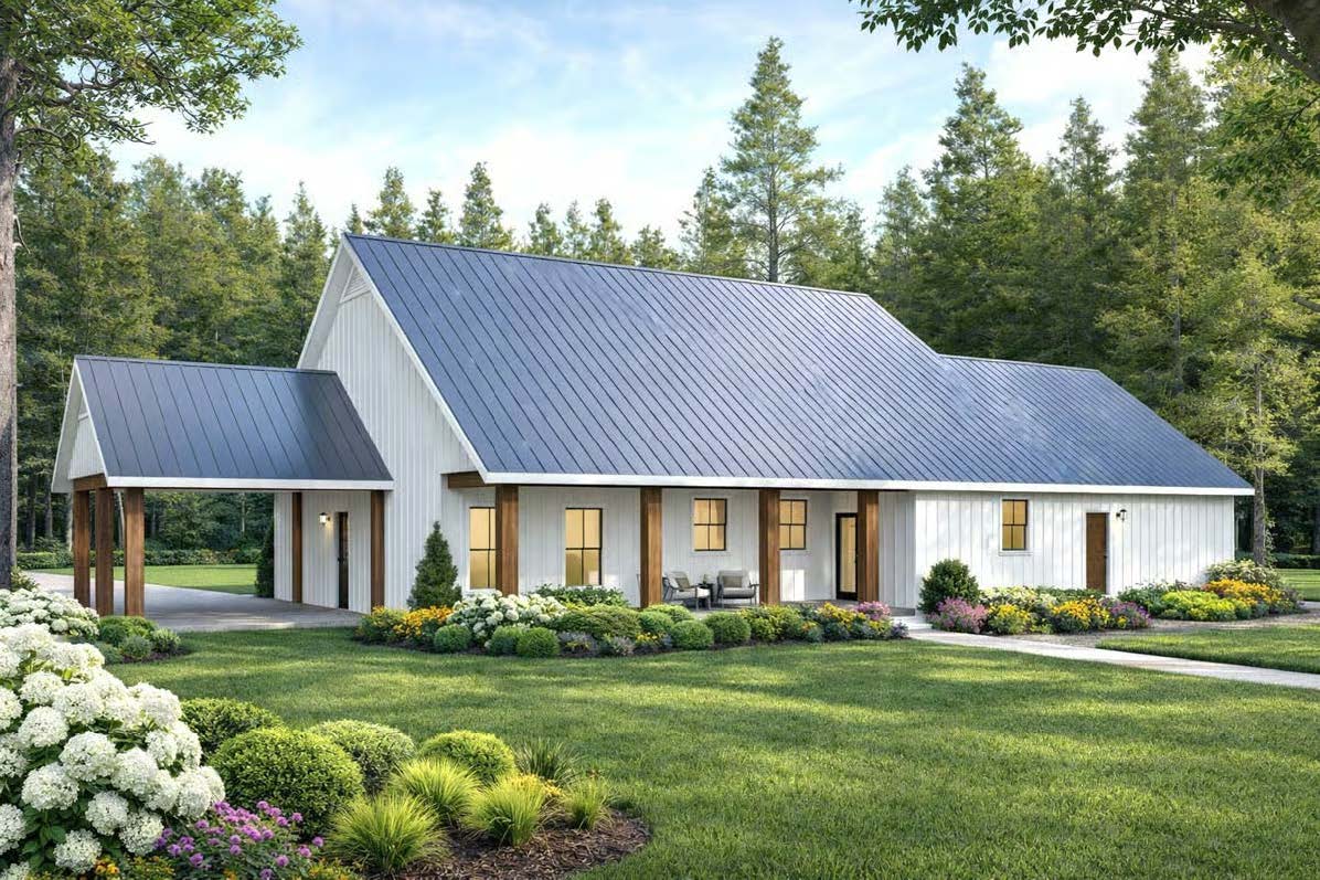 The Cypress — angled exterior view showing the attached carport