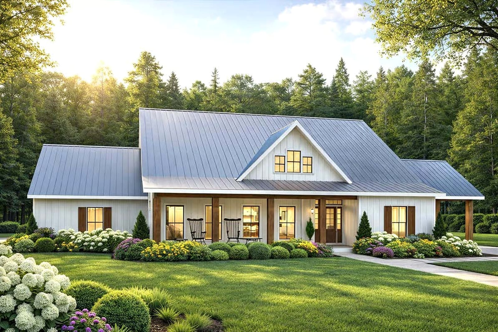 The Cypress — front exterior with covered porch and metal roof at dusk