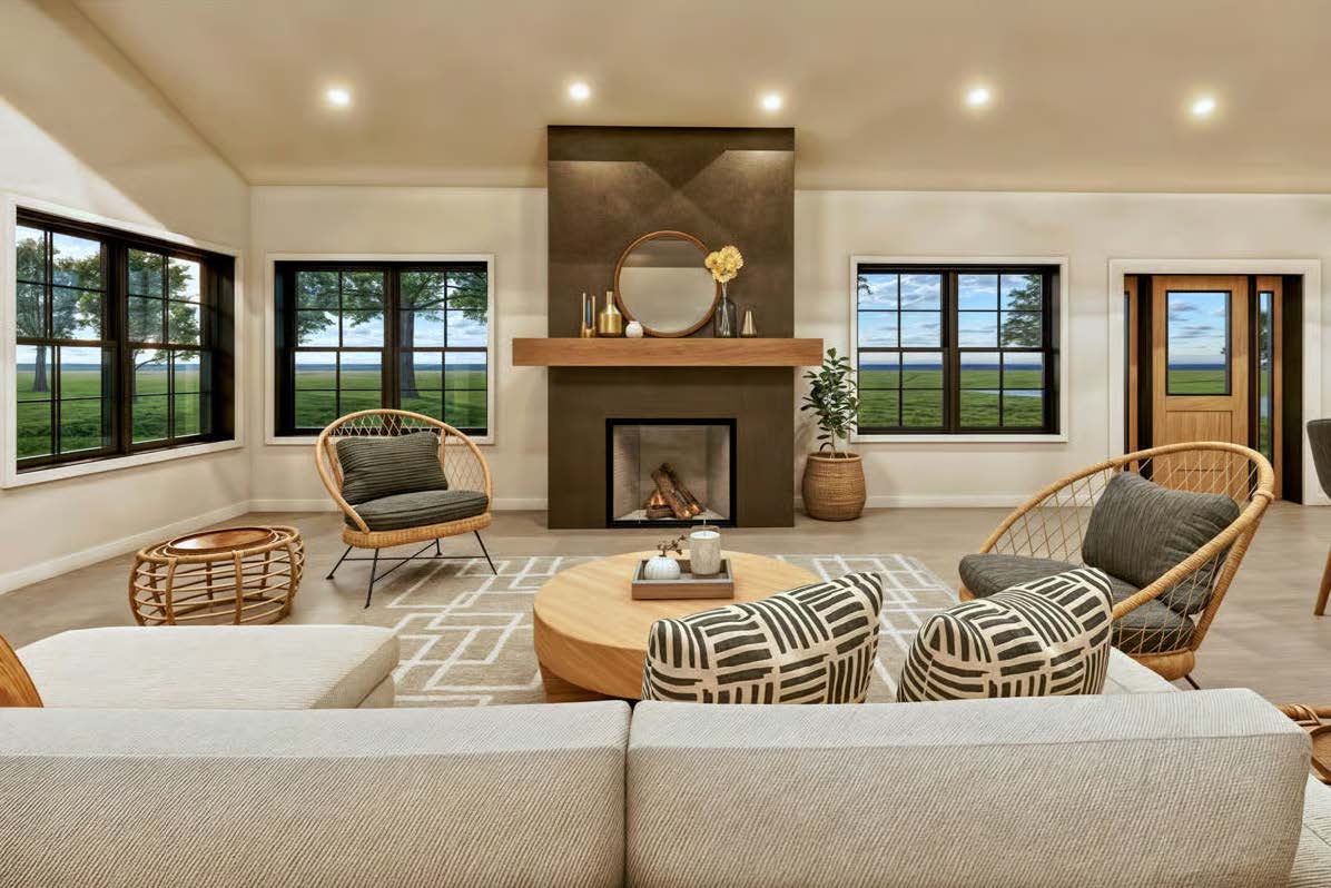 The Stallion — living area with fireplace and exterior door