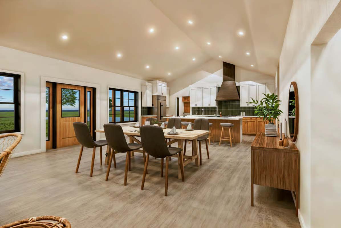 The Stallion — open dining area and kitchen with vaulted ceiling