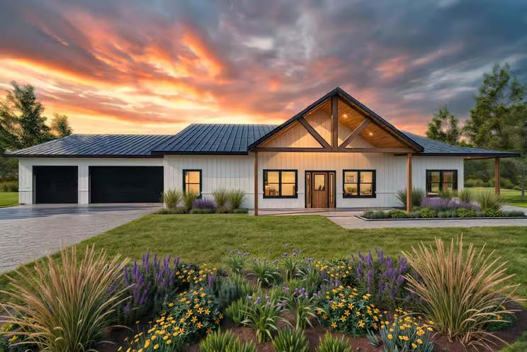 The Stallion — front facade at sunset with landscaped entry beds