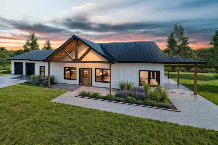 The Stallion — front three-quarter view with gable entry and wraparound porch