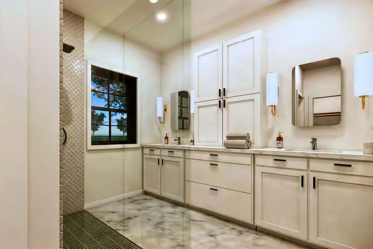 The Stallion — primary bathroom with marble floor, double vanity, and walk-in shower