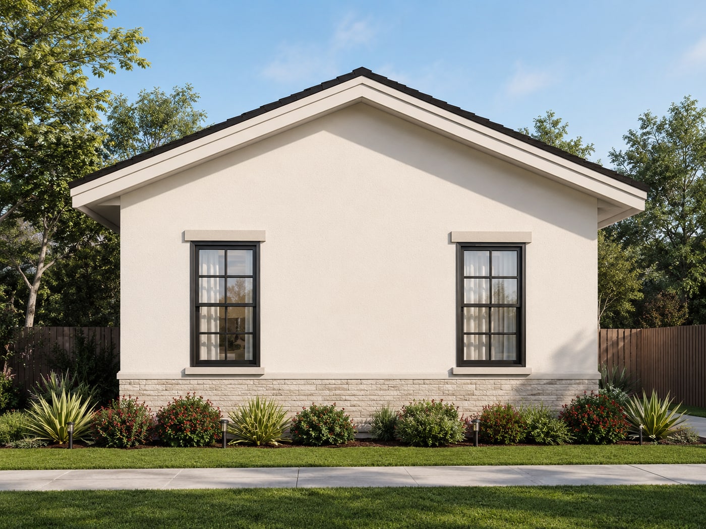 ADU model — front exterior render, compact single-story accessory dwelling unit