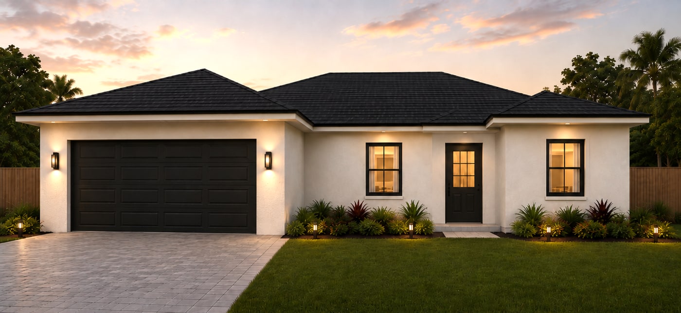 Crystal model — front exterior render, single-story new-construction home with a two-car garage