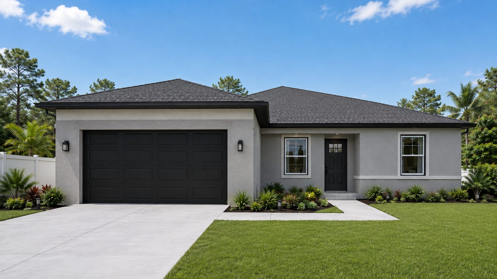 Diamond model — front exterior render, single-story home with an attached two-car garage