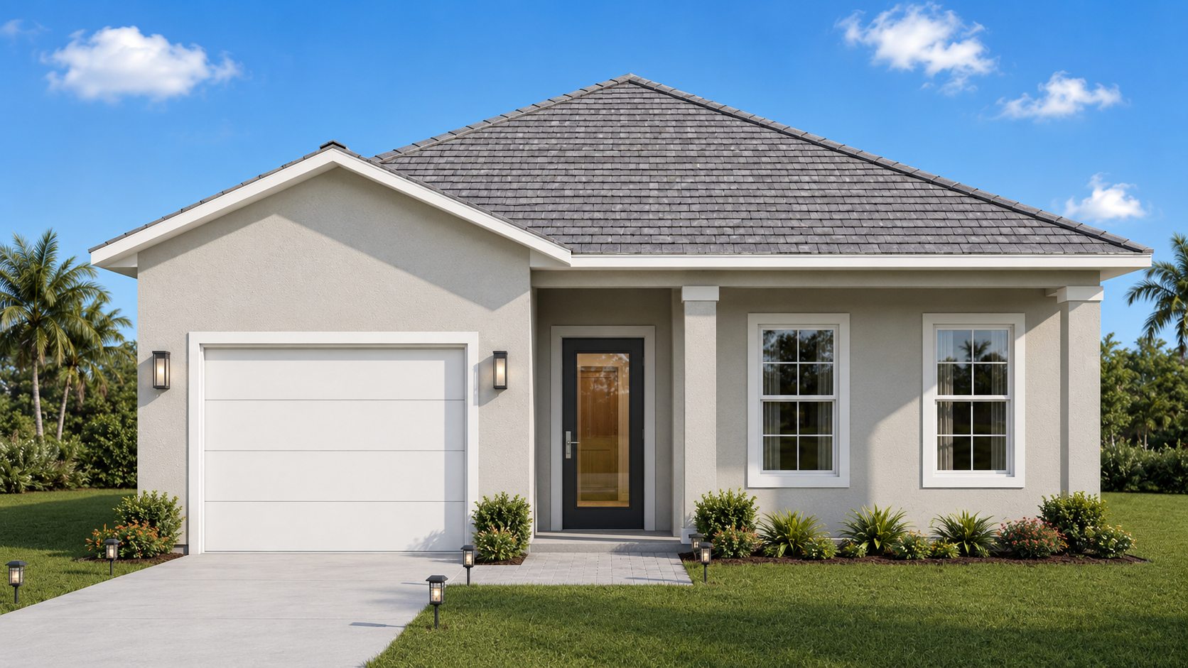 Emily model — front exterior render, single-story home with light stucco, a covered entry porch, and an attached garage