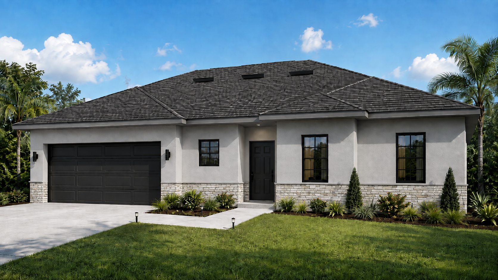 Emma model — exterior render, single-story home with light stucco, a stone wainscot, and an attached two-car garage