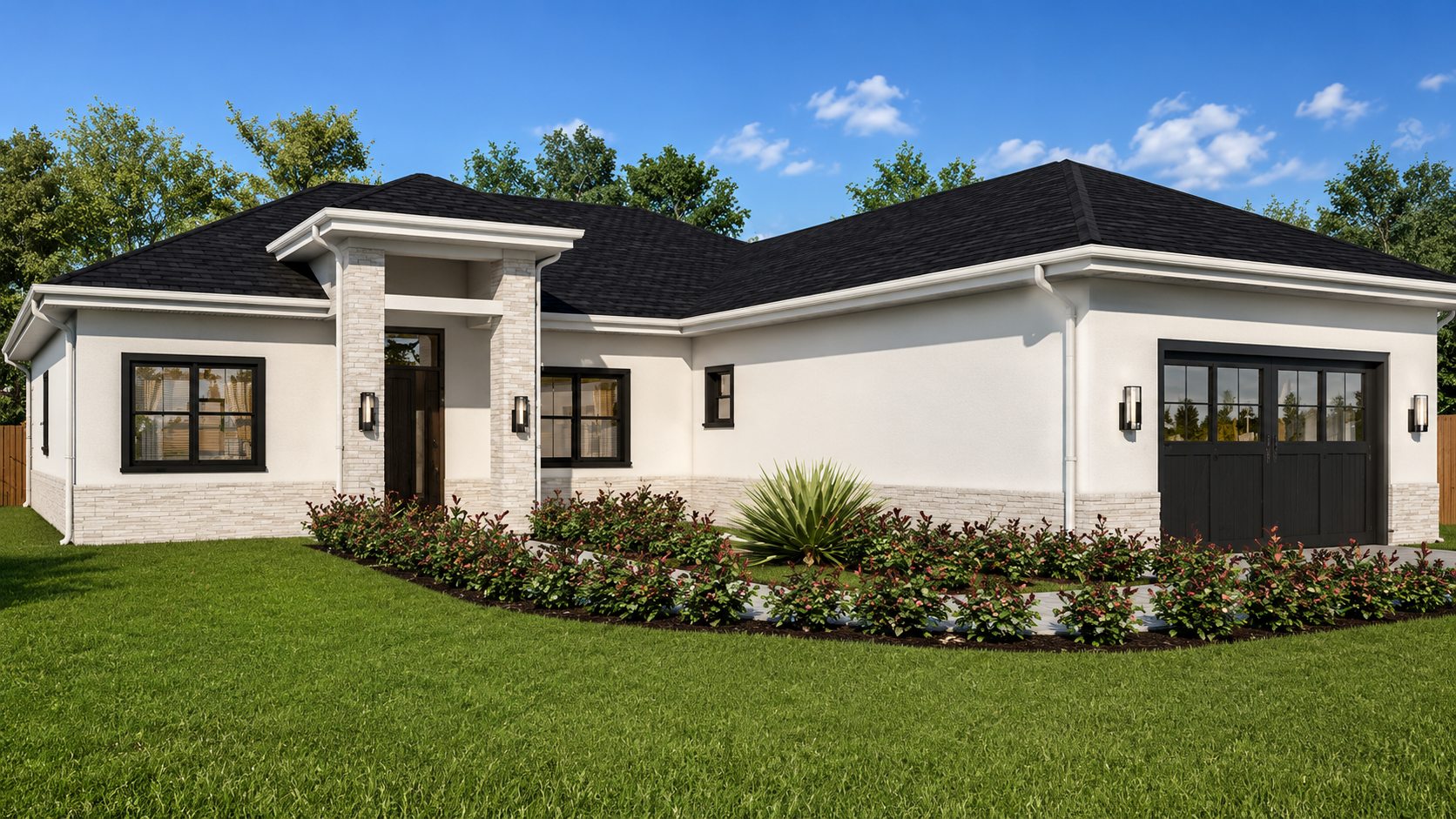 Giovanna model — three-quarter exterior render, single-story home with cream stucco, a stone-clad entry portico, and an attached two-car garage