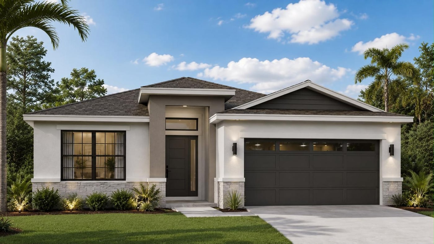 Gleason model — front exterior render, single-story new-construction home with a two-car garage