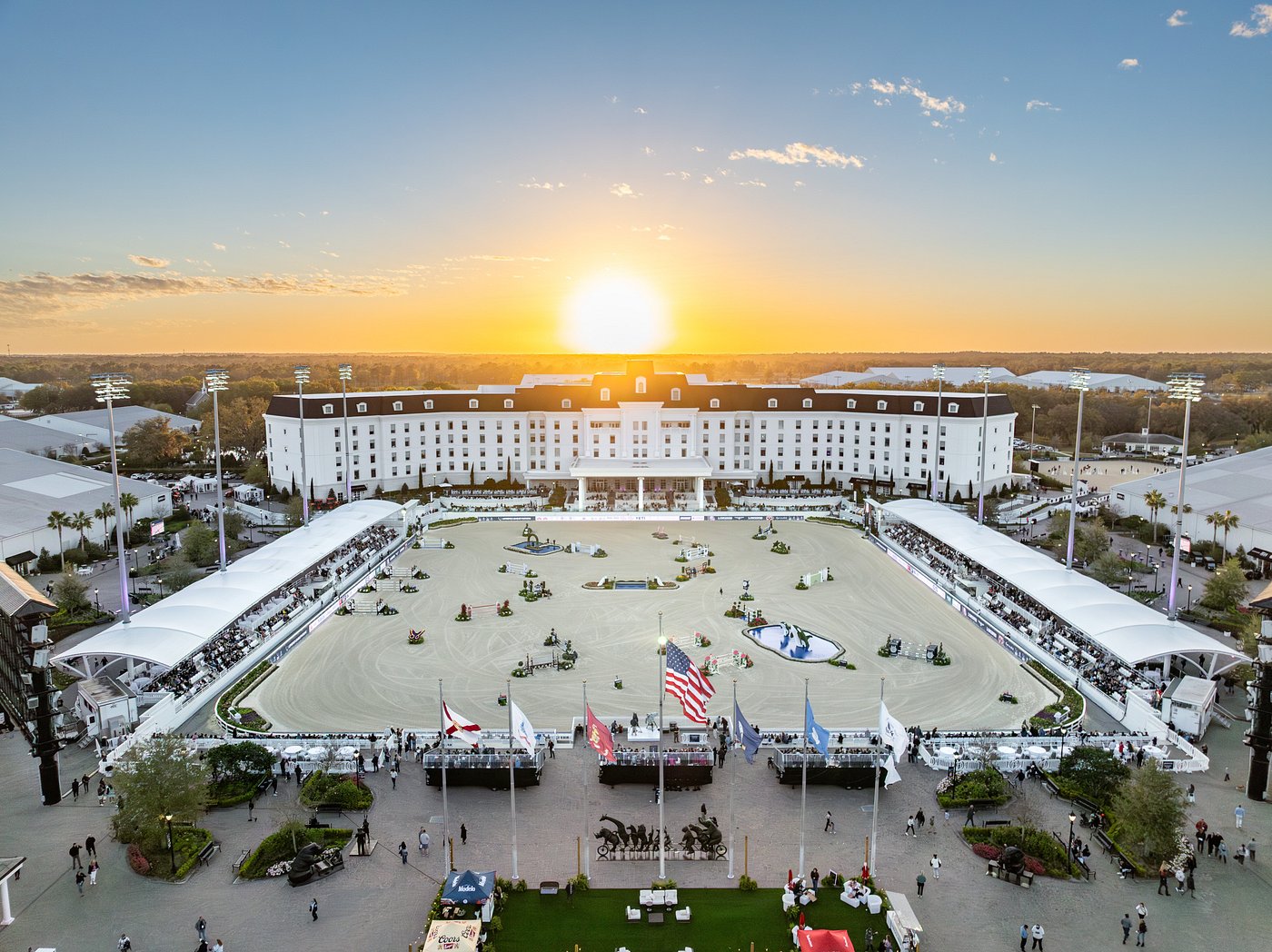 Aerial view of the World Equestrian Center in Ocala, Florida at sunset — a landmark of the surrounding area, not a Sunrise Homes property