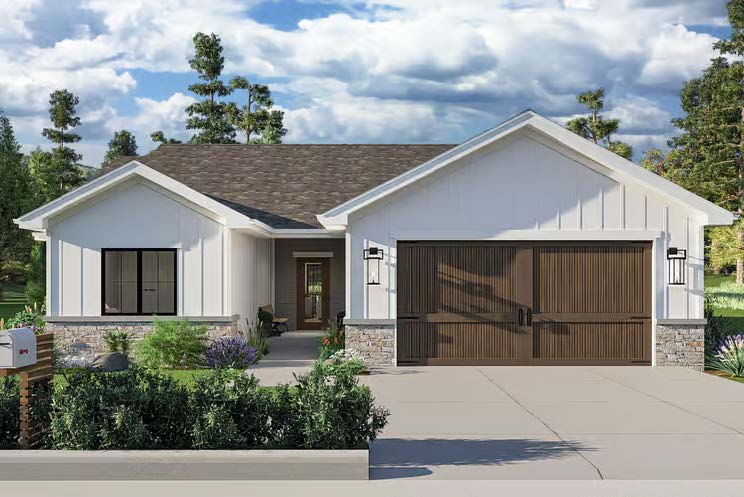 The Belmont — front elevation with stone accents and wood-tone garage door