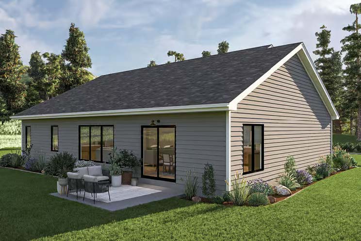The Belmont — rear exterior with covered patio and sliding glass doors