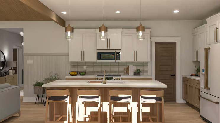 The Belmont — kitchen with island seating and pendant lighting