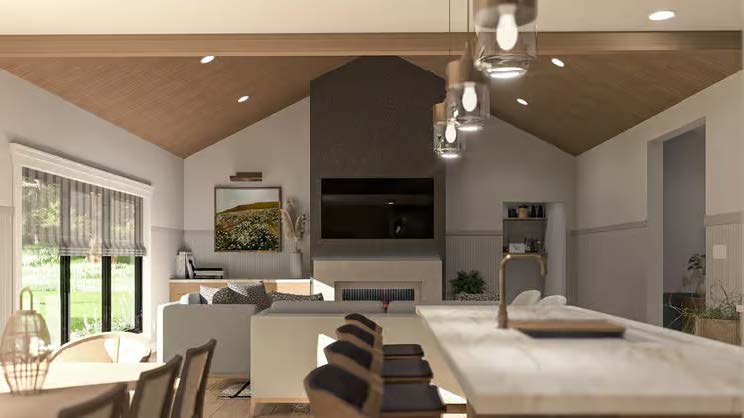 The Belmont — vaulted great room with wood-beamed ceiling and fireplace
