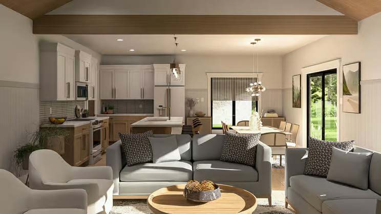 The Belmont — open-concept kitchen, dining and living area