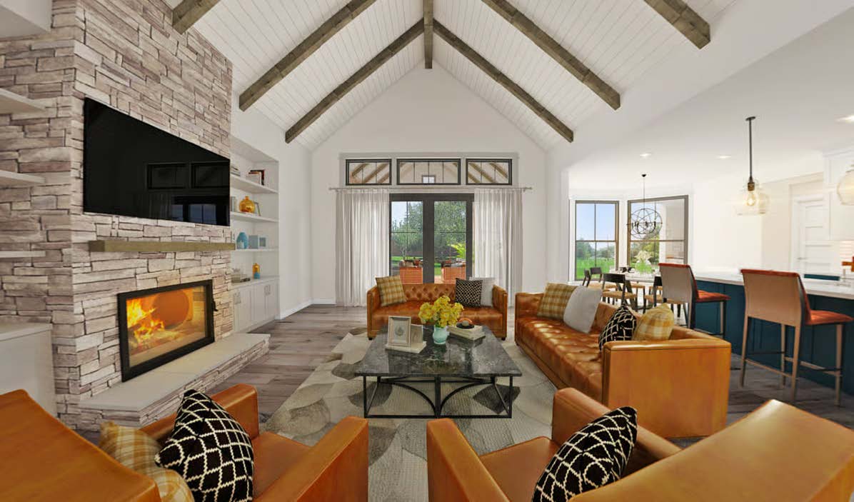 The Cedar Run — vaulted great room with stone fireplace and wood-beamed ceiling