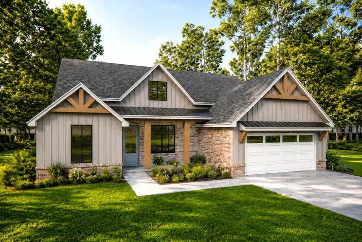 The Fox Hollow — front three-quarter view of the tan and brick modern farmhouse facade