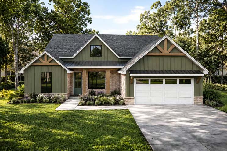 The Fox Hollow — alternate green board-and-batten and brick exterior elevation