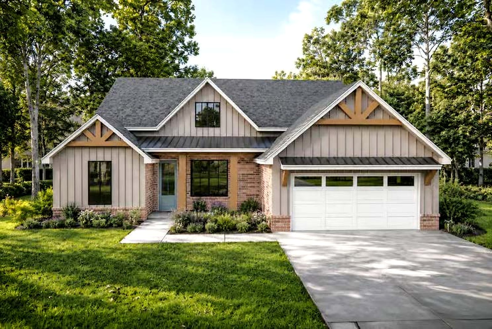 The Fox Hollow — front exterior with tan siding, brick accents and a wood-bracketed gable entry