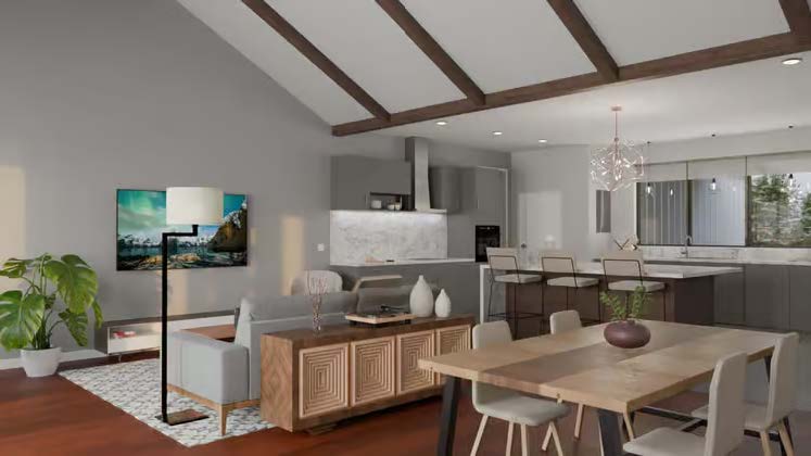 The High Meadow — open-concept living, kitchen and dining area with vaulted beamed ceiling