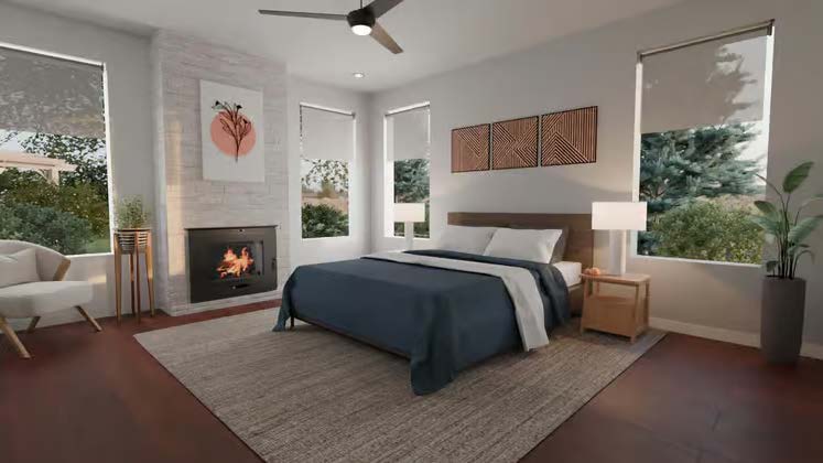The High Meadow — primary bedroom with fireplace and large windows