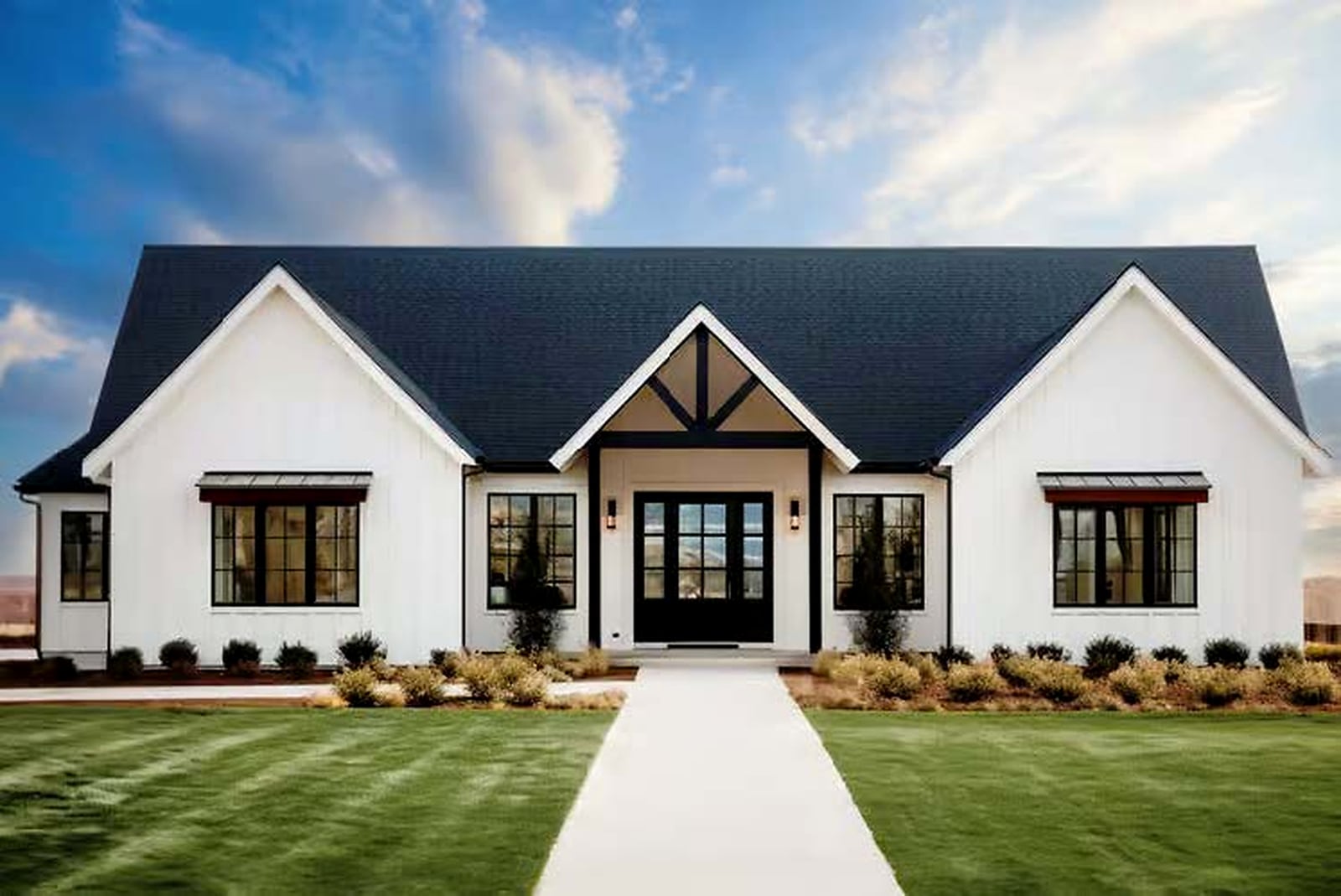 The High Meadow — white board-and-batten exterior with dark roof, black windows and a wood-beamed gable entry