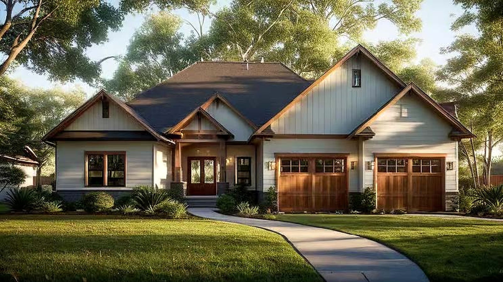 The Wrenfield — Craftsman farmhouse exterior with wood-bracketed gables, stone accents and wood garage doors
