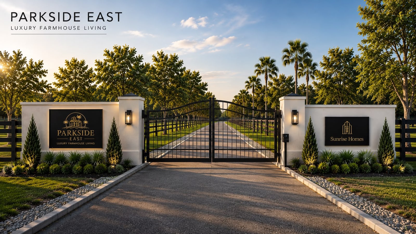 Parkside East entrance gate at golden hour, with the community's Luxury Farmhouse Living signage
