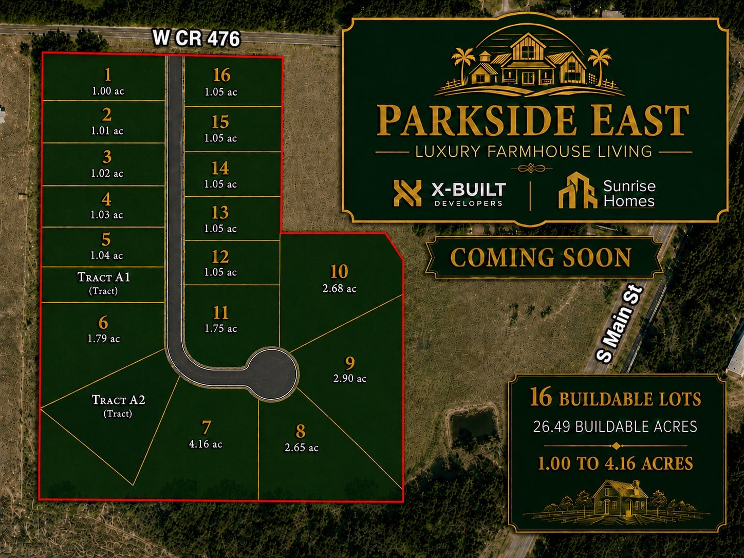 Parkside East lot plan — 16 buildable lots, 26.49 buildable acres, Bushnell, FL