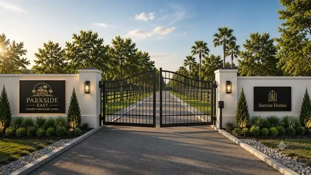 Parkside East entrance gate at golden hour, with the community's Luxury Farmhouse Living signage